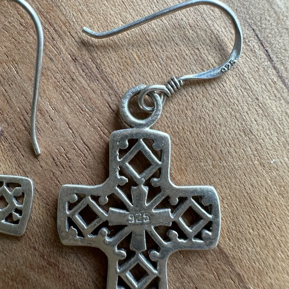 Vintage Hook Dangle Cross Earrings 1.5 Inch Openwork Filigree 925 Sterling 3.4g